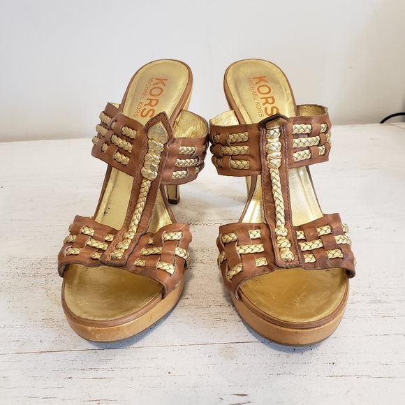 MICHAEL KORS BROWN LEATHER SANDALS WOODEN HEEL PLATFORM Size 9.5 - Picture 1 of 10